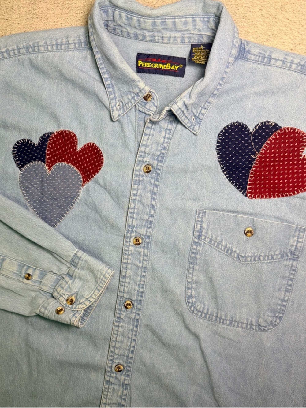 Vintage Peregrinebay Denim Shirt Adult Large Heart Appliqué Patchwork Folk Art